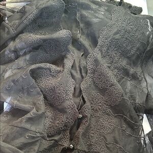 Mesh / embroidery maxi robe long sleeve buttons front Black XS